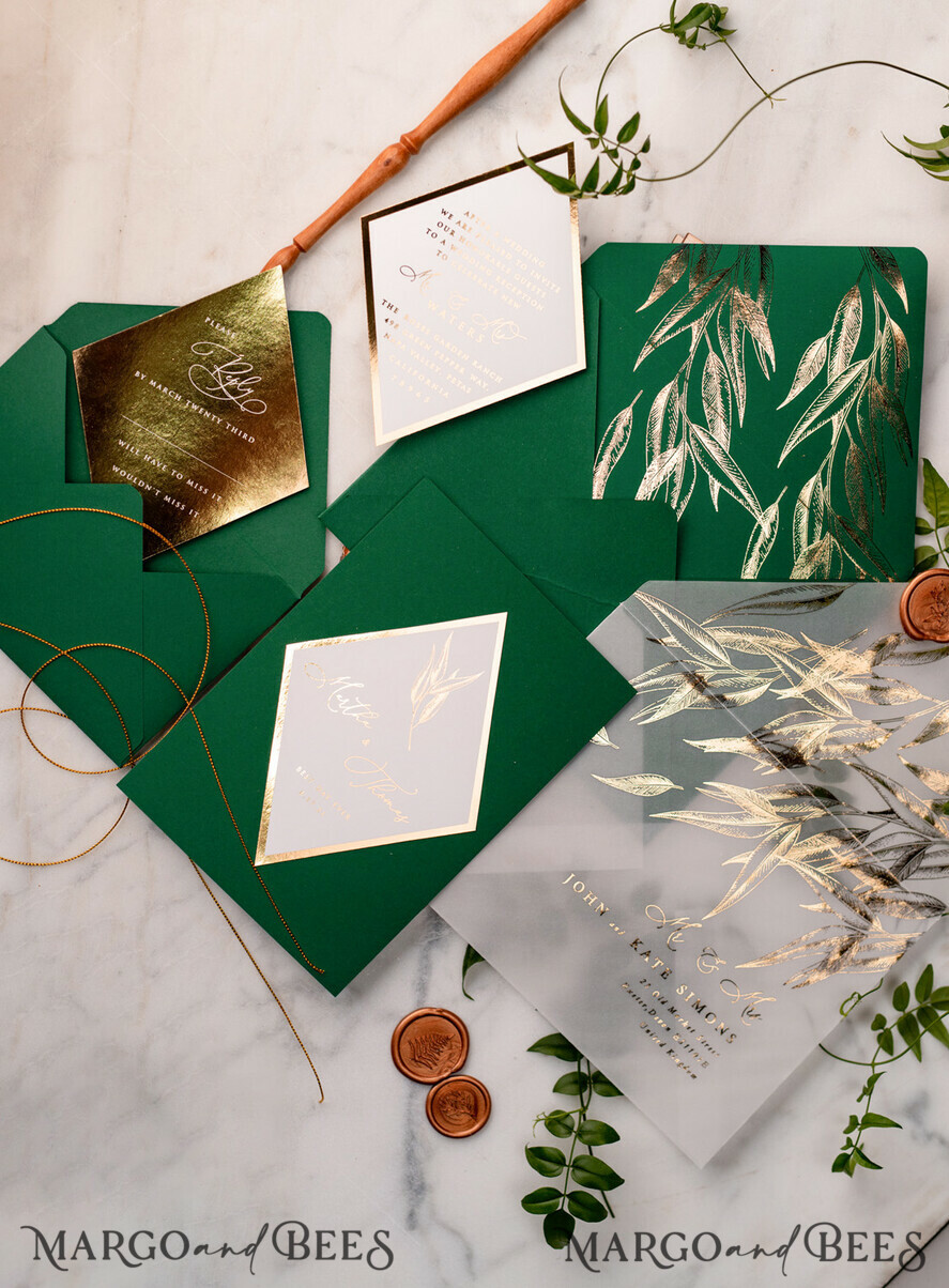WEDDING INVITATIONS gold / rose gold / silver / glitter Green and Gold Luxury Wedding Invitations Eucalyptus Greenery Invites perfect for Greece Destination Wedding Cards
