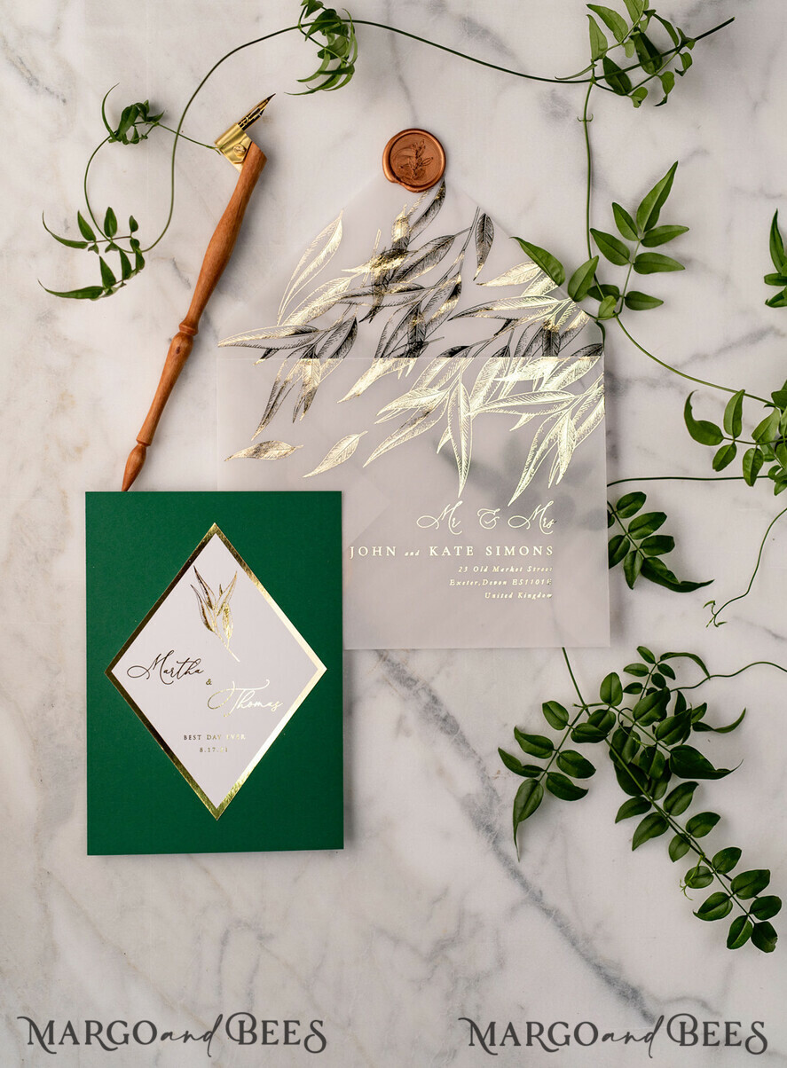 WEDDING INVITATIONS gold / rose gold / silver / glitter Green and Gold Luxury Wedding Invitations Eucalyptus Greenery Invites perfect for Greece Destination Wedding Cards