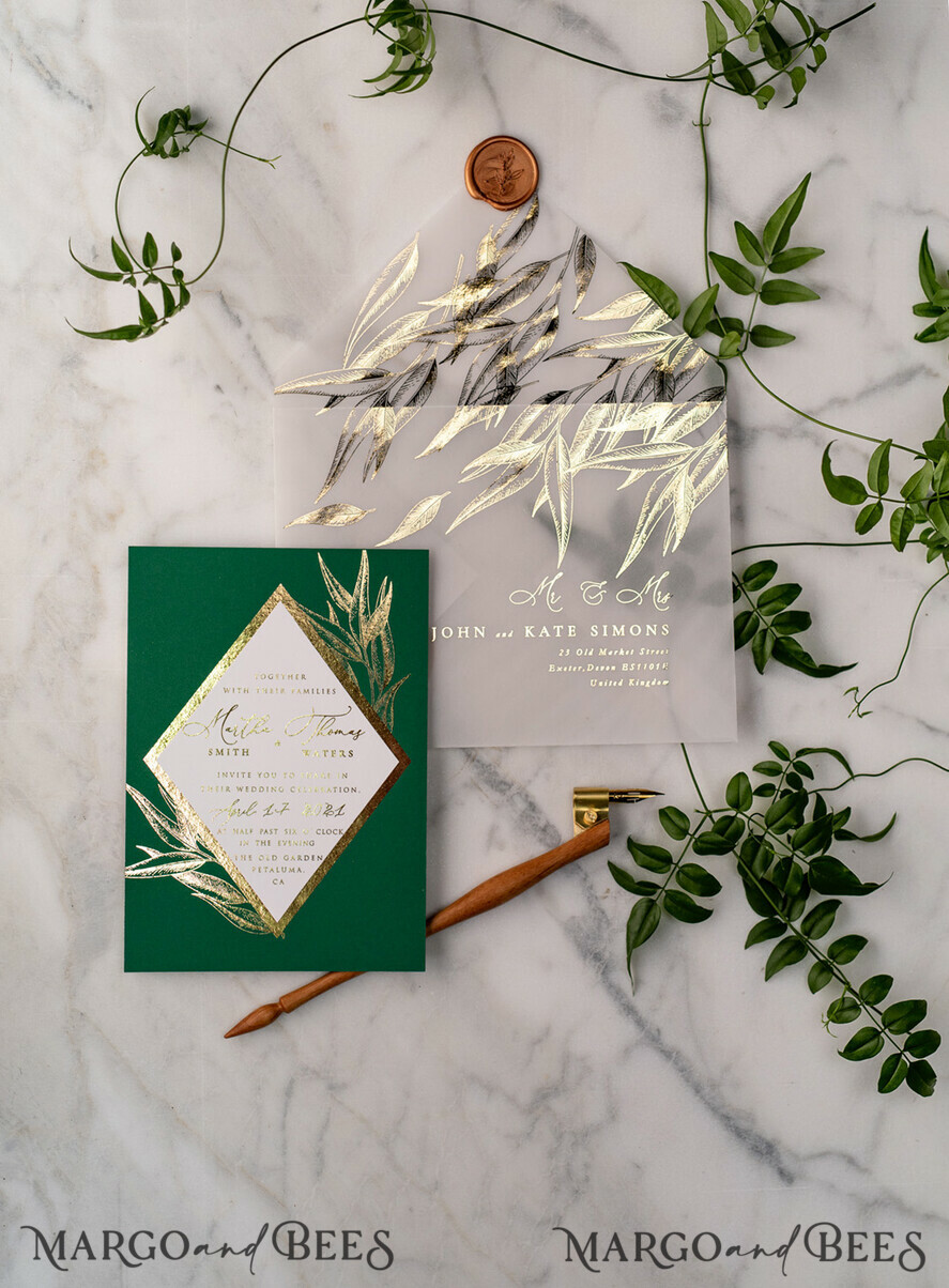 WEDDING INVITATIONS gold / rose gold / silver / glitter Green and Gold Luxury Wedding Invitations Eucalyptus Greenery Invites perfect for Greece Destination Wedding Cards