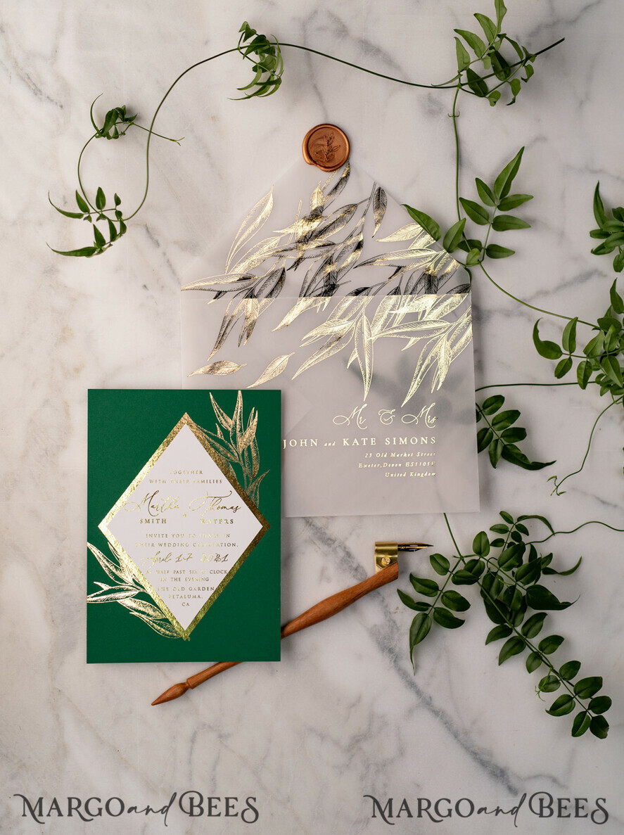 WEDDING INVITATIONS gold / rose gold / silver / glitter Green and Gold Luxury Wedding Invitations Eucalyptus Greenery Invites perfect for Greece Destination Wedding Cards