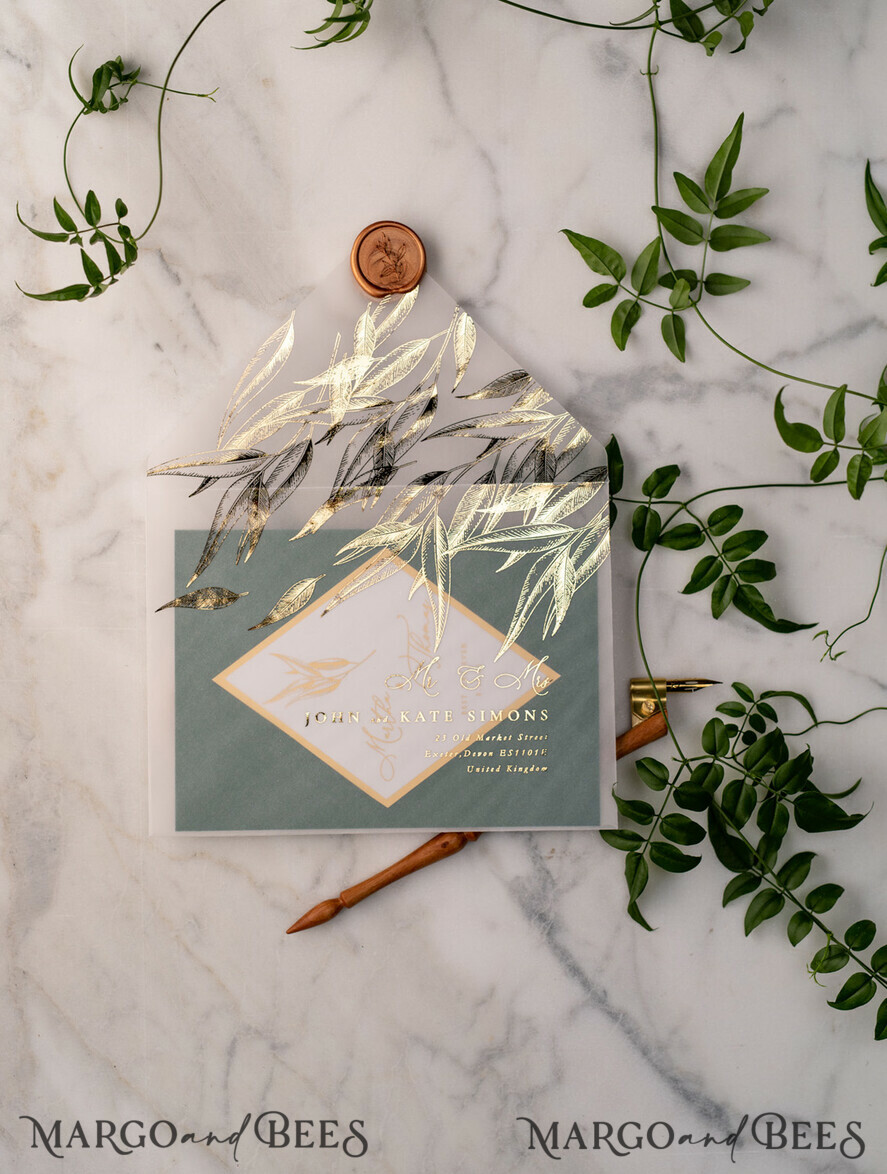 WEDDING INVITATIONS gold / rose gold / silver / glitter Green and Gold Luxury Wedding Invitations Eucalyptus Greenery Invites perfect for Greece Destination Wedding Cards