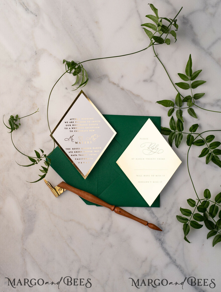 WEDDING INVITATIONS gold / rose gold / silver / glitter Green and Gold Luxury Wedding Invitations Eucalyptus Greenery Invites perfect for Greece Destination Wedding Cards