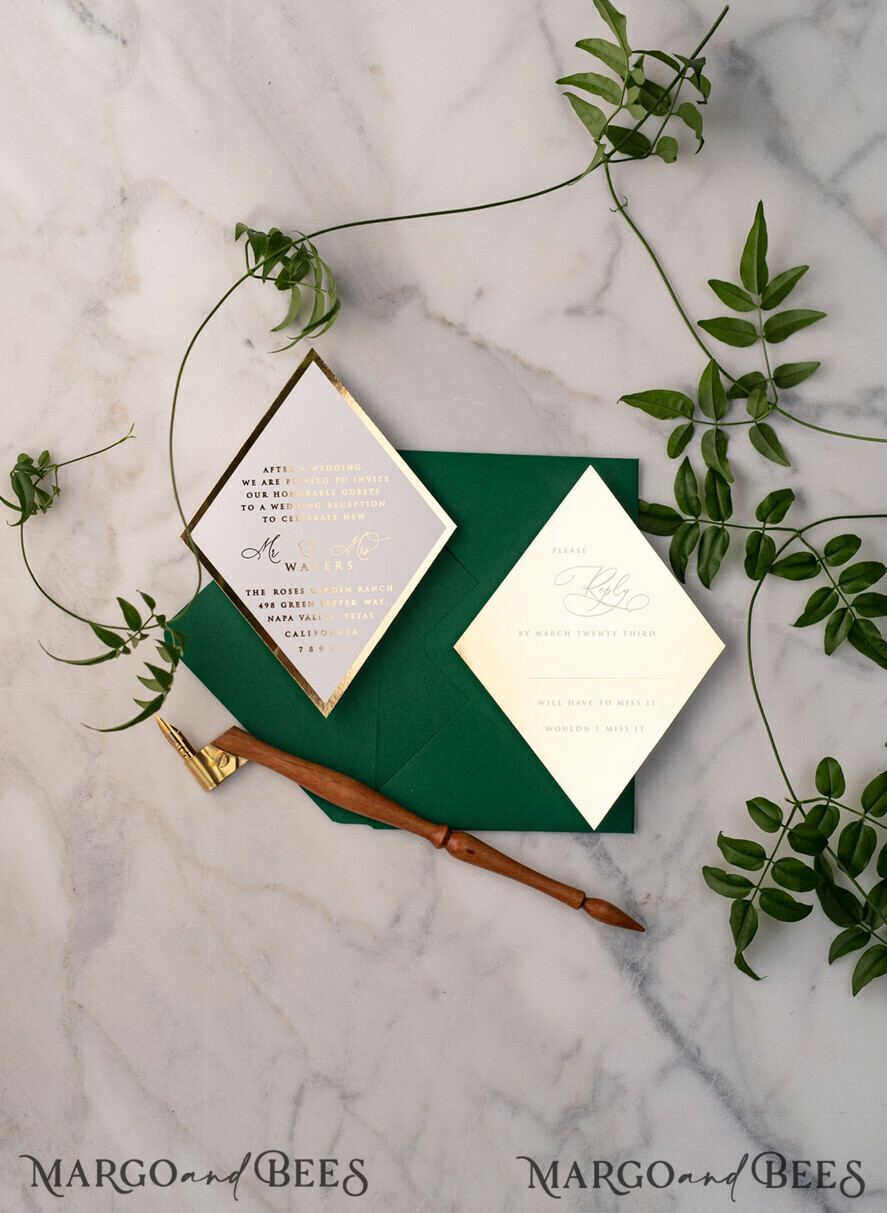 WEDDING INVITATIONS gold / rose gold / silver / glitter Green and Gold Luxury Wedding Invitations Eucalyptus Greenery Invites perfect for Greece Destination Wedding Cards