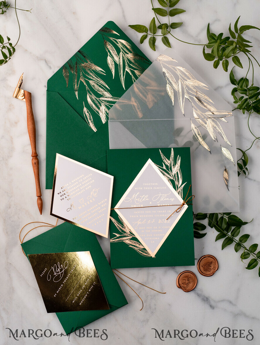 WEDDING INVITATIONS gold / rose gold / silver / glitter Green and Gold Luxury Wedding Invitations Eucalyptus Greenery Invites perfect for Greece Destination Wedding Cards