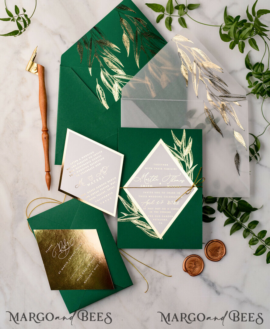 WEDDING INVITATIONS gold / rose gold / silver / glitter Green and Gold Luxury Wedding Invitations Eucalyptus Greenery Invites perfect for Greece Destination Wedding Cards