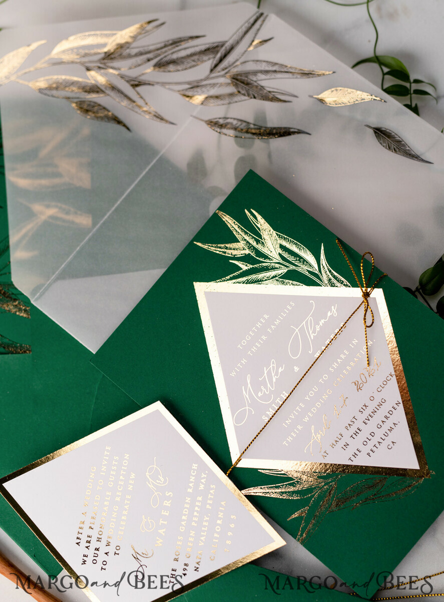 WEDDING INVITATIONS gold / rose gold / silver / glitter Green and Gold Luxury Wedding Invitations Eucalyptus Greenery Invites perfect for Greece Destination Wedding Cards