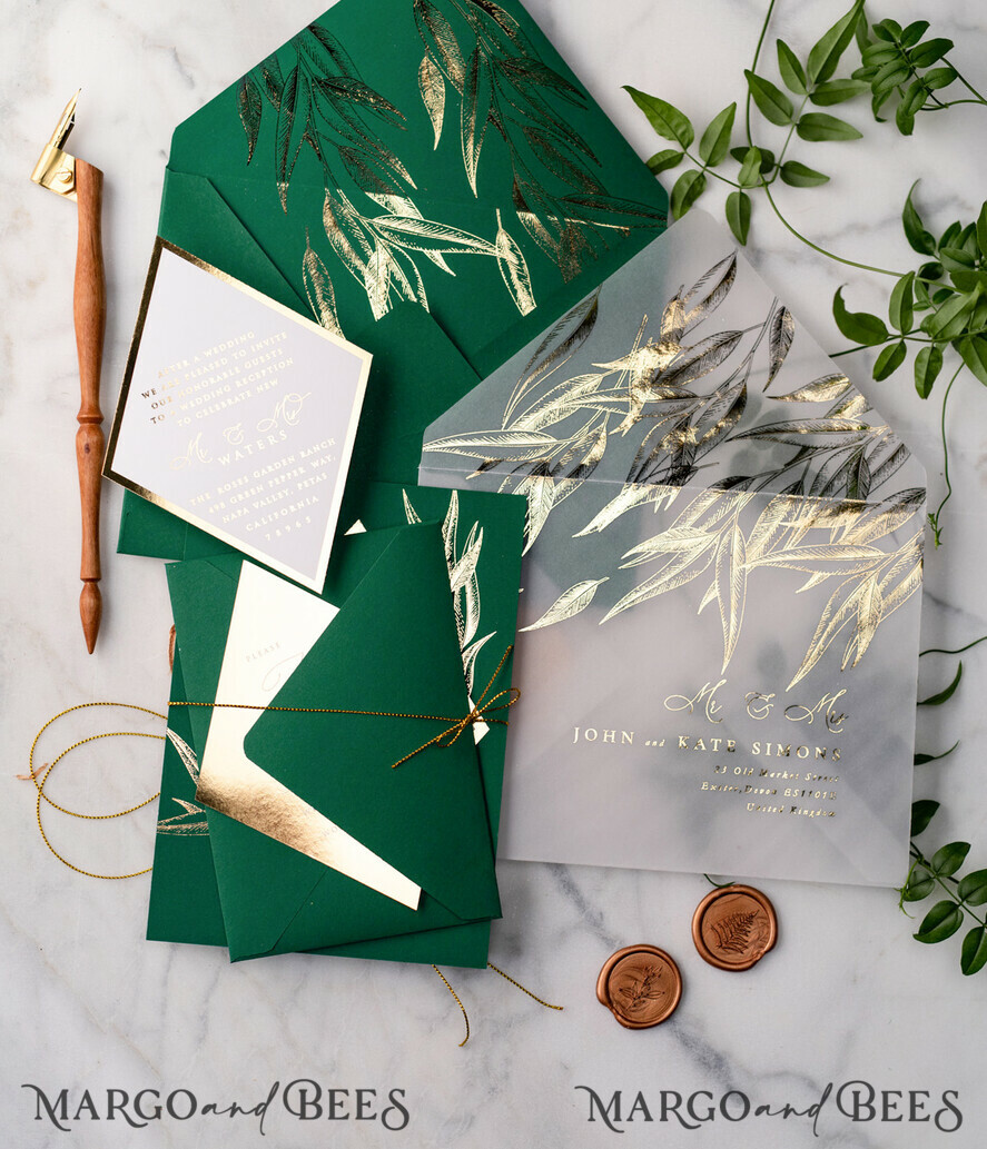 WEDDING INVITATIONS gold / rose gold / silver / glitter Green and Gold Luxury Wedding Invitations Eucalyptus Greenery Invites perfect for Greece Destination Wedding Cards