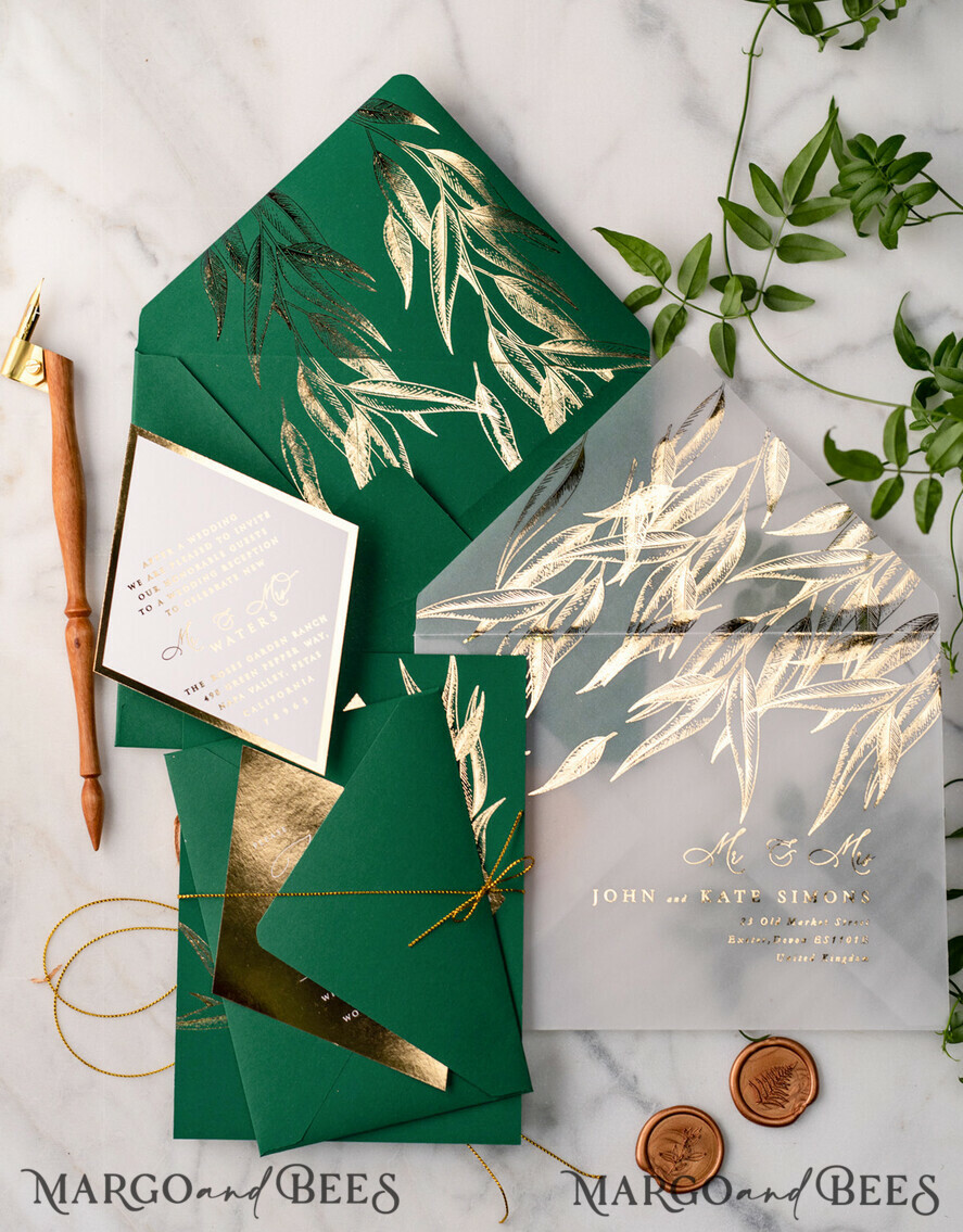 WEDDING INVITATIONS gold / rose gold / silver / glitter Green and Gold Luxury Wedding Invitations Eucalyptus Greenery Invites perfect for Greece Destination Wedding Cards
