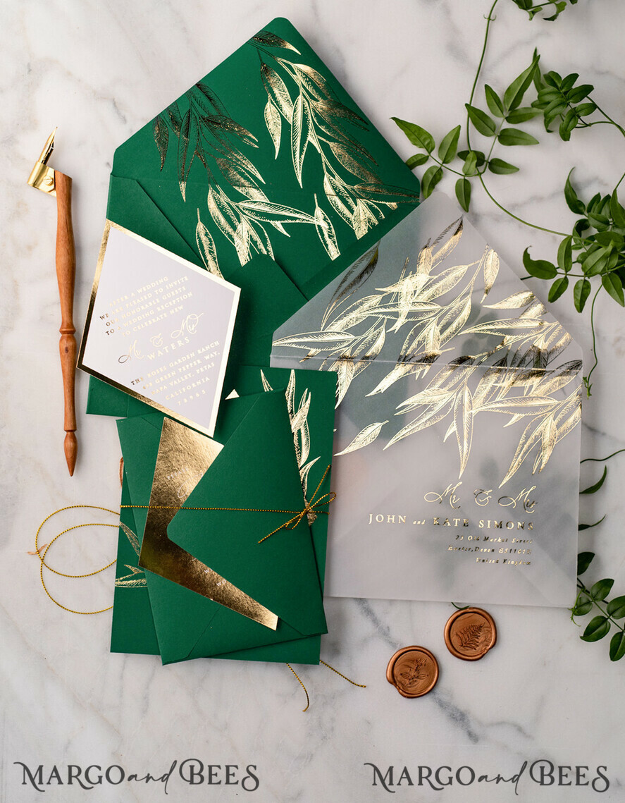 WEDDING INVITATIONS gold / rose gold / silver / glitter Green and Gold Luxury Wedding Invitations Eucalyptus Greenery Invites perfect for Greece Destination Wedding Cards