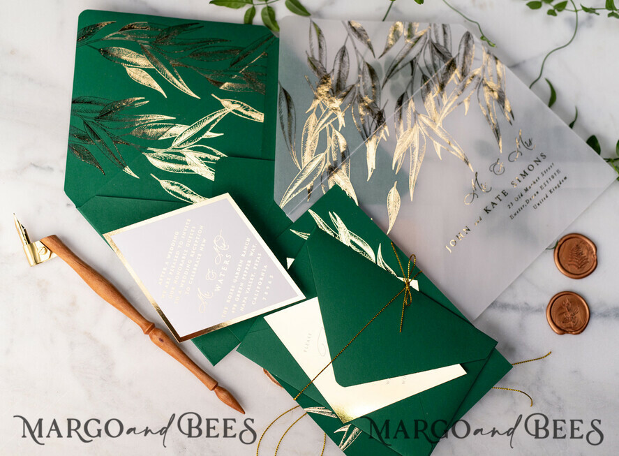 WEDDING INVITATIONS gold / rose gold / silver / glitter Green and Gold Luxury Wedding Invitations Eucalyptus Greenery Invites perfect for Greece Destination Wedding Cards