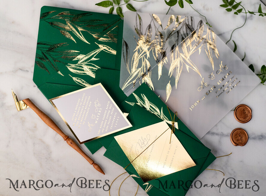 WEDDING INVITATIONS gold / rose gold / silver / glitter Green and Gold Luxury Wedding Invitations Eucalyptus Greenery Invites perfect for Greece Destination Wedding Cards