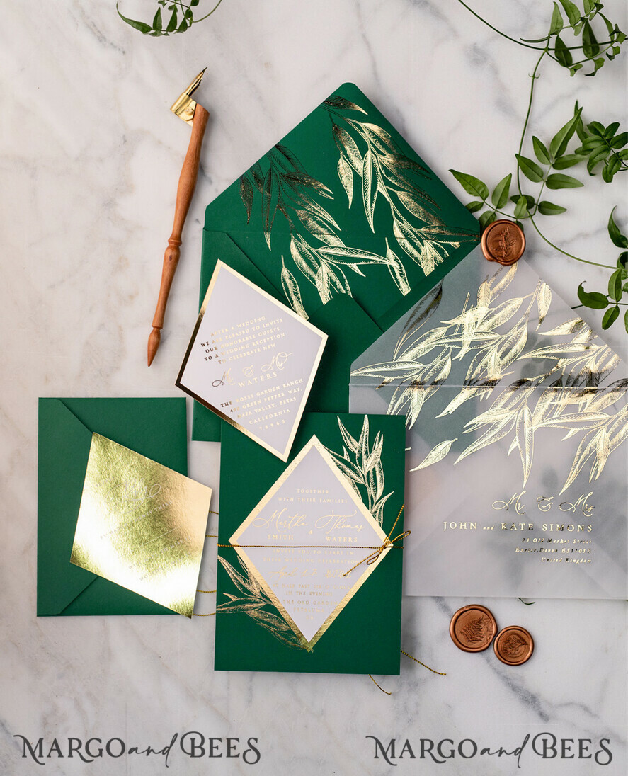 WEDDING INVITATIONS gold / rose gold / silver / glitter Green and Gold Luxury Wedding Invitations Eucalyptus Greenery Invites perfect for Greece Destination Wedding Cards