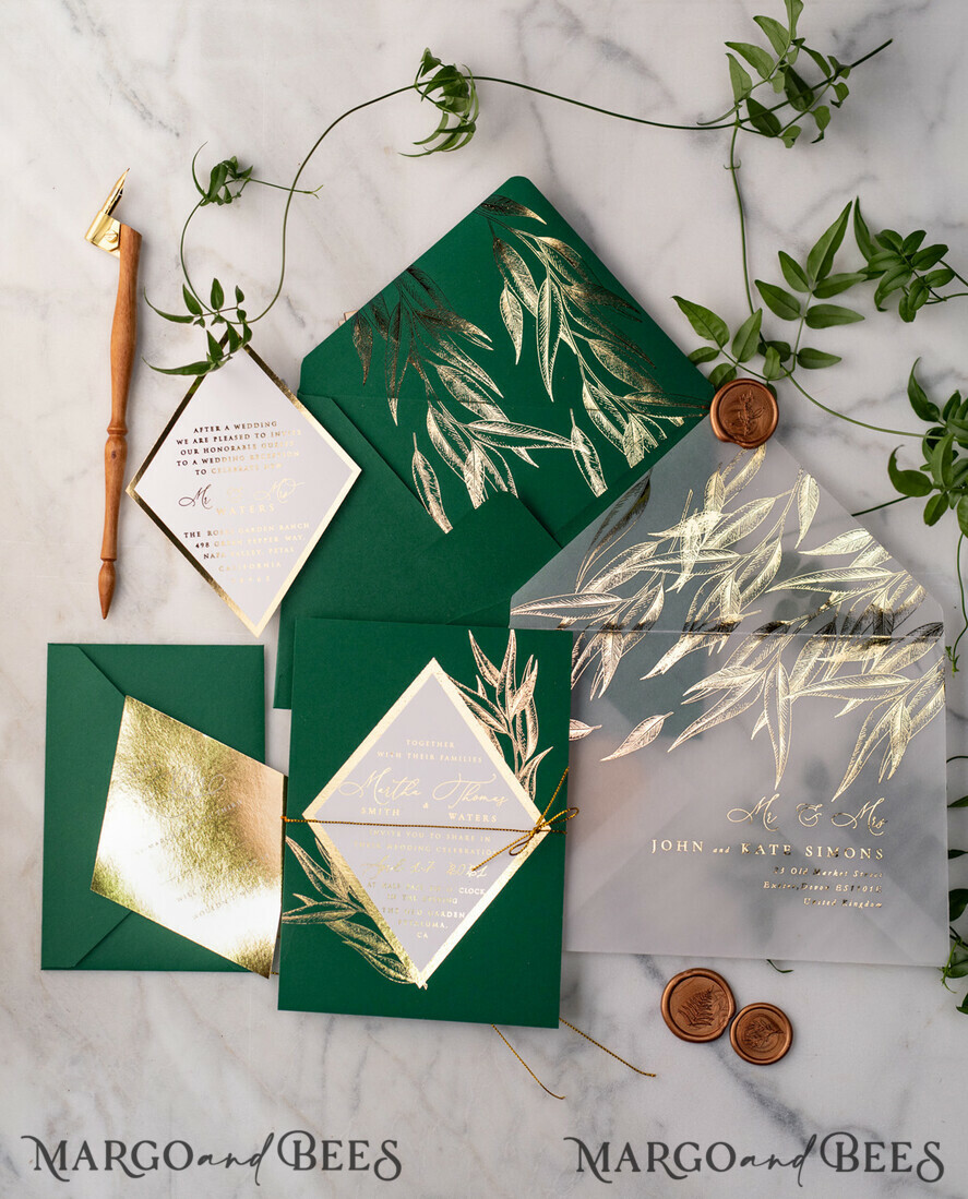 WEDDING INVITATIONS gold / rose gold / silver / glitter Green and Gold Luxury Wedding Invitations Eucalyptus Greenery Invites perfect for Greece Destination Wedding Cards