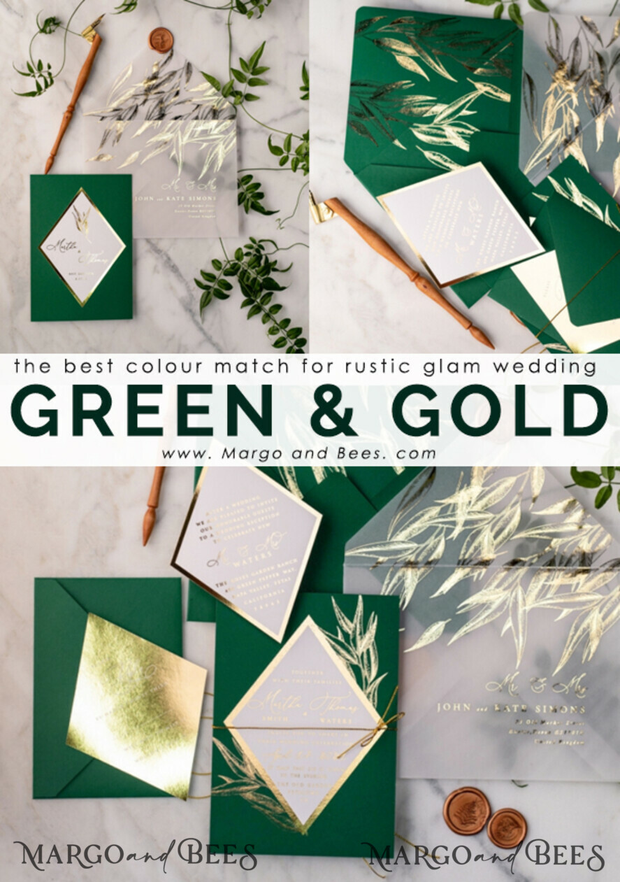 WEDDING INVITATIONS gold / rose gold / silver / glitter Green and Gold Luxury Wedding Invitations Eucalyptus Greenery Invites perfect for Greece Destination Wedding Cards