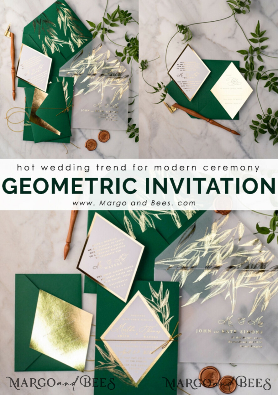 WEDDING INVITATIONS gold / rose gold / silver / glitter Green and Gold Luxury Wedding Invitations Eucalyptus Greenery Invites perfect for Greece Destination Wedding Cards