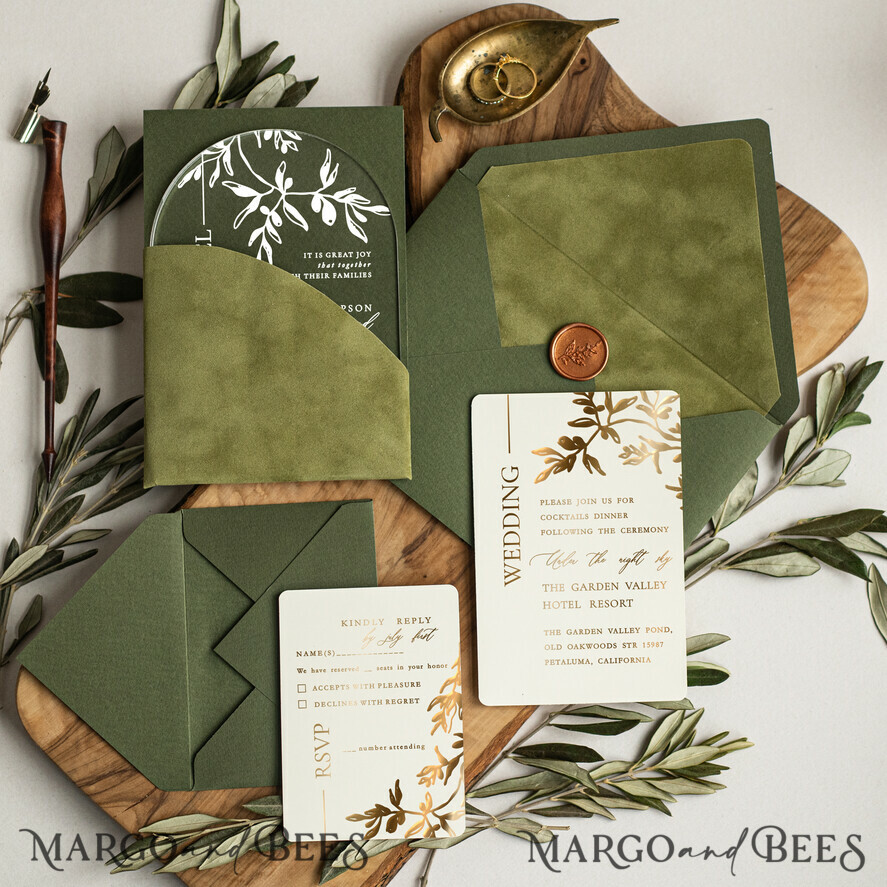 WEDDING INVITATIONS gold / rose gold / silver / glitter Arch Olive Wedding invitations cards, Luxury acrylic Tuscany Wedding Invitations, olive green Wedding Invitation Suite
