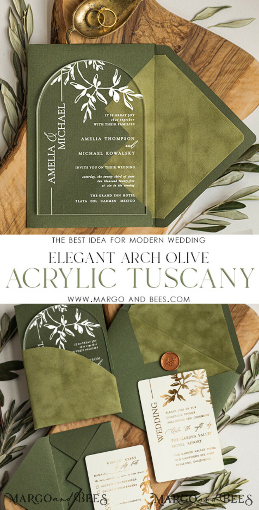 WEDDING INVITATIONS gold / rose gold / silver / glitter Arch Olive Wedding invitations cards, Luxury acrylic Tuscany Wedding Invitations, olive green Wedding Invitation Suite