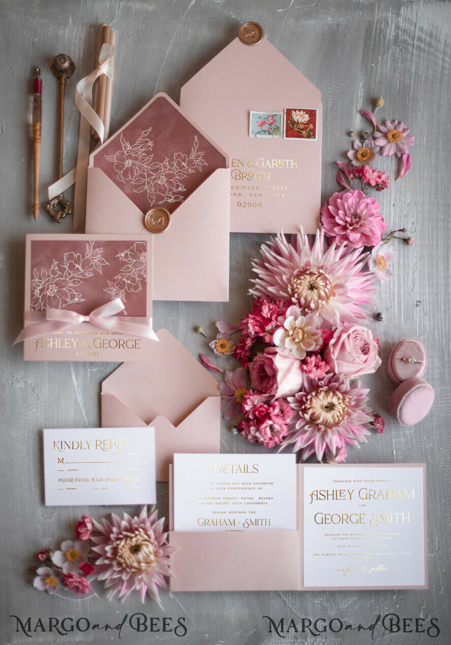 WEDDING INVITATIONS gold / rose gold / silver / glitter Luxury wedding invitations, luxurious wedding, blush pink, blush pink wedding, blush pink and gold wedding, velvet, velvet wedding invitations, pocket wedding invitation, pink ribbon, pink bow, white flowers, velvet wedding cards, elegant wedding invitations, gold wedding, gold foil print out, pink pocket wedding invitations, pink wedding invites, pink wedding stationery, pink wedding accessories, pink and white wedding invitations