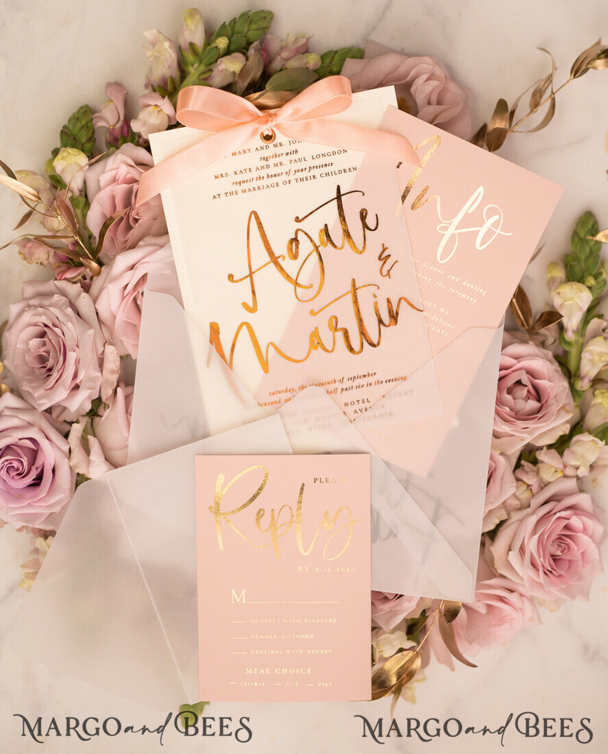 WEDDING INVITATIONS gold / rose gold / silver / glitter Elegant wedding invitations, blush pink wedding invitations, ecru wedding invitations, vellum envelope, vellum wedding invitations, tracing paper, pink ribbon, pink bow, gold foil print out, gold foil, gold wedding invitations, gold wedding, blush pink wedding, gold stationery, gold accessories, gold wedding stationery, gold wedding accessories, luxurious wedding, luxury wedding invitations, romantic wedding invites