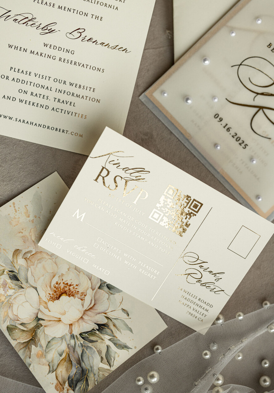 WEDDING INVITATIONS gold / rose gold / silver / glitter Ecru Chiffon bow beaded bespoke Elegant Ivory Gold Wedding Invitation Suite, White Perls Golden Wedding Cards, Elegant golden folder Wedding Stationery, Vellum etui with monogram