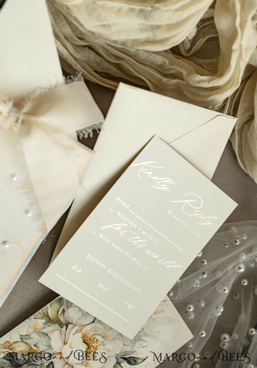 WEDDING INVITATIONS gold / rose gold / silver / glitter Ecru Chiffon bow beaded bespoke Elegant Ivory Gold Wedding Invitation Suite, White Perls Golden Wedding Cards, Elegant golden folder Wedding Stationery, Vellum etui with monogram