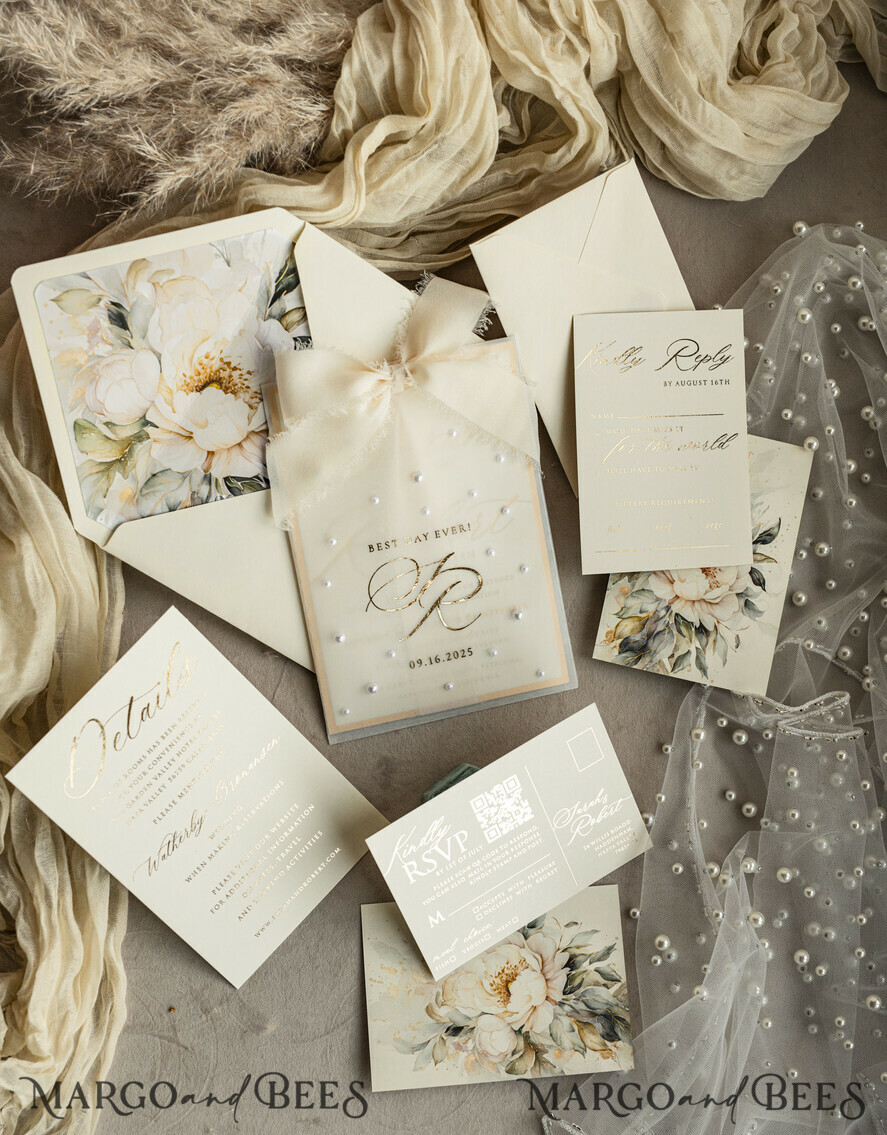 WEDDING INVITATIONS gold / rose gold / silver / glitter Ecru Chiffon bow beaded bespoke Elegant Ivory Gold Wedding Invitation Suite, White Perls Golden Wedding Cards, Elegant golden folder Wedding Stationery, Vellum etui with monogram