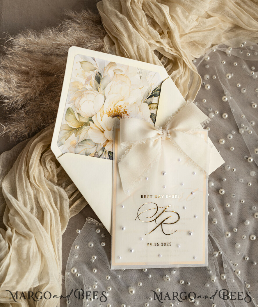 WEDDING INVITATIONS gold / rose gold / silver / glitter Ecru Chiffon bow beaded bespoke Elegant Ivory Gold Wedding Invitation Suite, White Perls Golden Wedding Cards, Elegant golden folder Wedding Stationery, Vellum etui with monogram