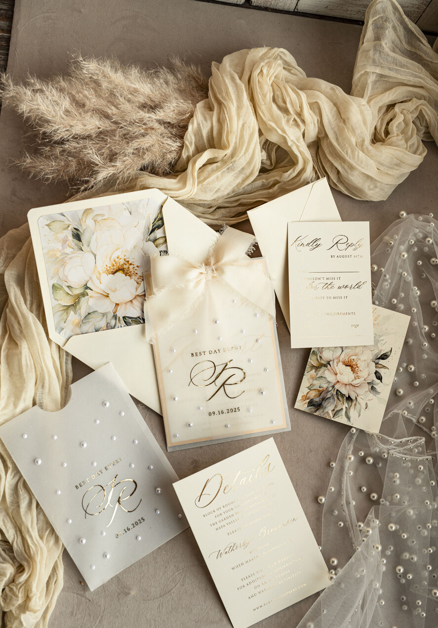 WEDDING INVITATIONS gold / rose gold / silver / glitter Ecru Chiffon bow beaded bespoke Elegant Ivory Gold Wedding Invitation Suite, White Perls Golden Wedding Cards, Elegant golden folder Wedding Stationery, Vellum etui with monogram