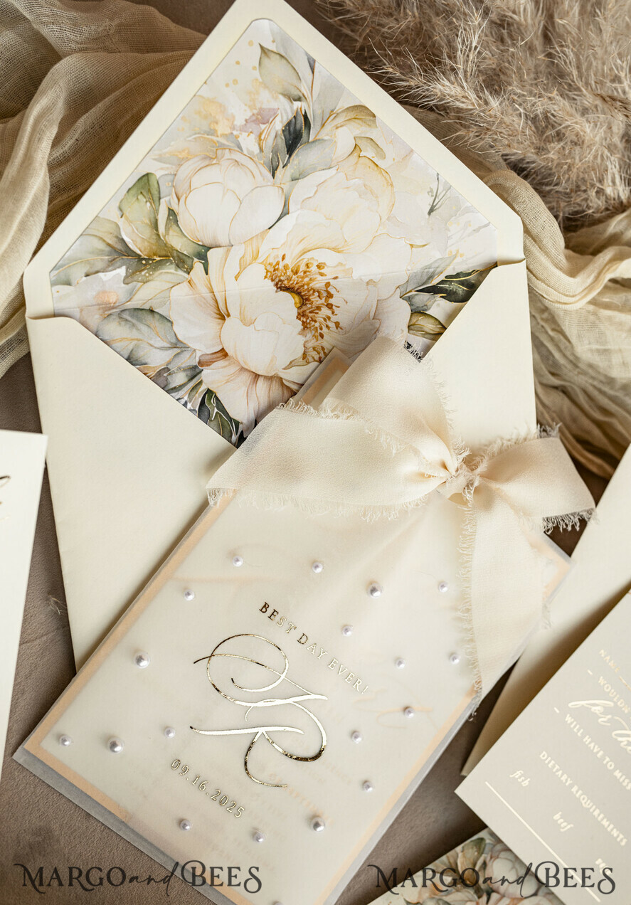 WEDDING INVITATIONS gold / rose gold / silver / glitter Ecru Chiffon bow beaded bespoke Elegant Ivory Gold Wedding Invitation Suite, White Perls Golden Wedding Cards, Elegant golden folder Wedding Stationery, Vellum etui with monogram