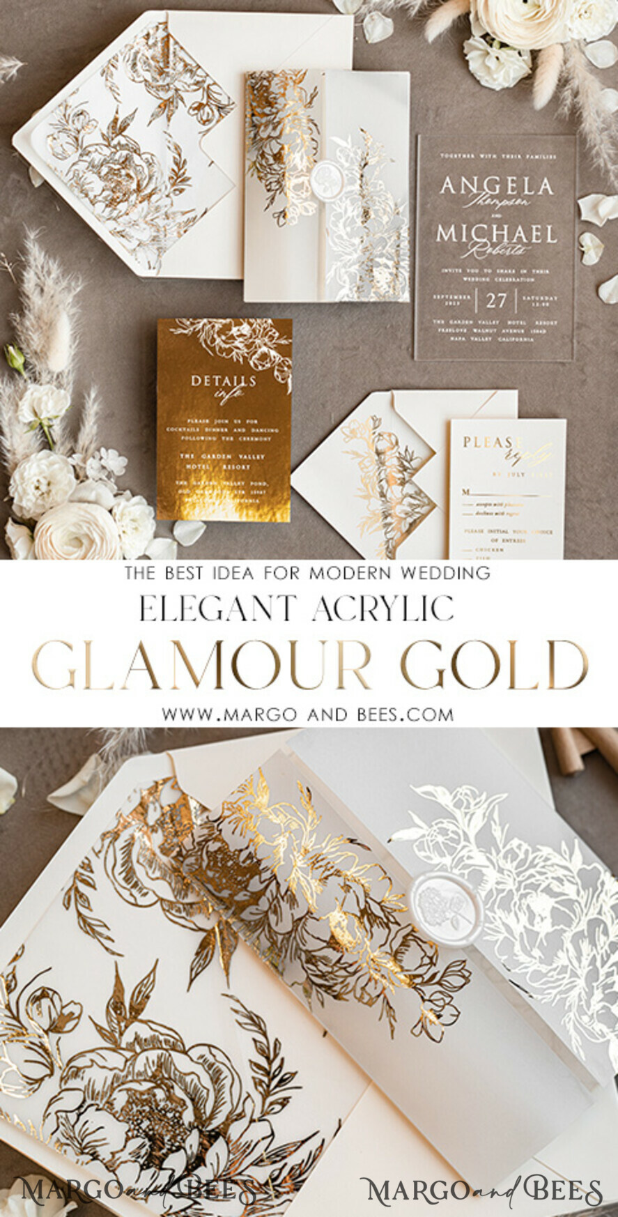 WEDDING INVITATIONS gold / rose gold / silver / glitter Acrylic Wedding invitations suite, Glamour Wedding Invitations, Golden Shine Wedding Invitation Suite, Luxury Gold Wedding Cards