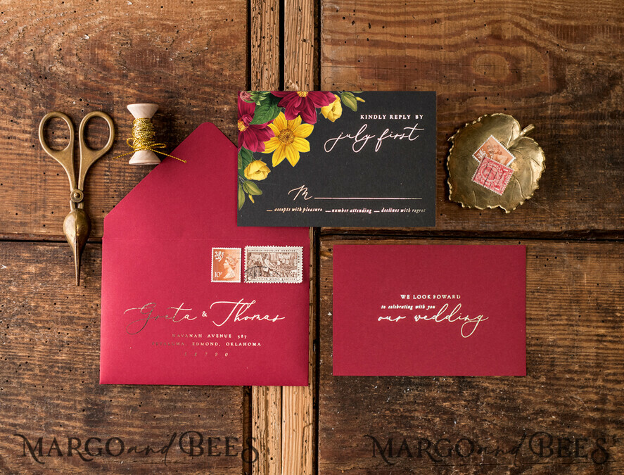WEDDING INVITATIONS gold / rose gold / silver / glitter Luxury Indian Wedding Invitations, Romantic Dalhia Flower Wedding Cards, Elegant Burgundy Wedding Invitation Suite, Glamour Gold Foil Wedding Invites
