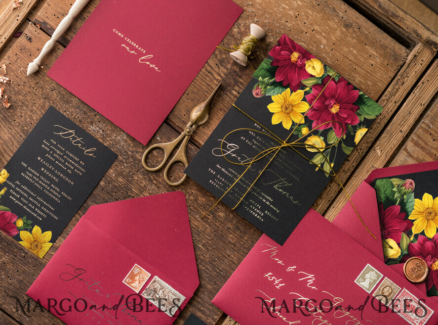 WEDDING INVITATIONS gold / rose gold / silver / glitter Luxury Indian Wedding Invitations, Romantic Dalhia Flower Wedding Cards, Elegant Burgundy Wedding Invitation Suite, Glamour Gold Foil Wedding Invites