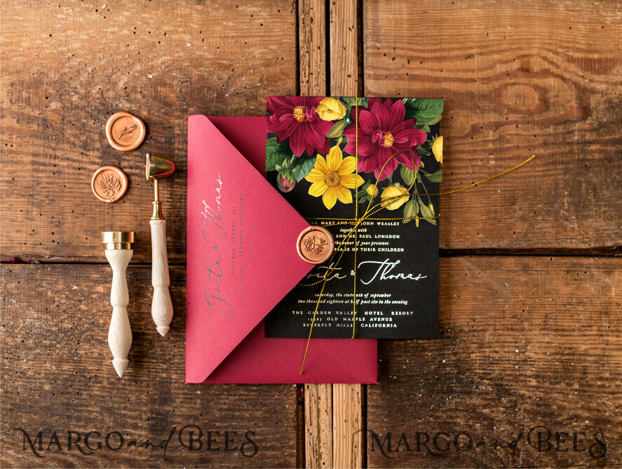 WEDDING INVITATIONS gold / rose gold / silver / glitter Luxury Indian Wedding Invitations, Romantic Dalhia Flower Wedding Cards, Elegant Burgundy Wedding Invitation Suite, Glamour Gold Foil Wedding Invites