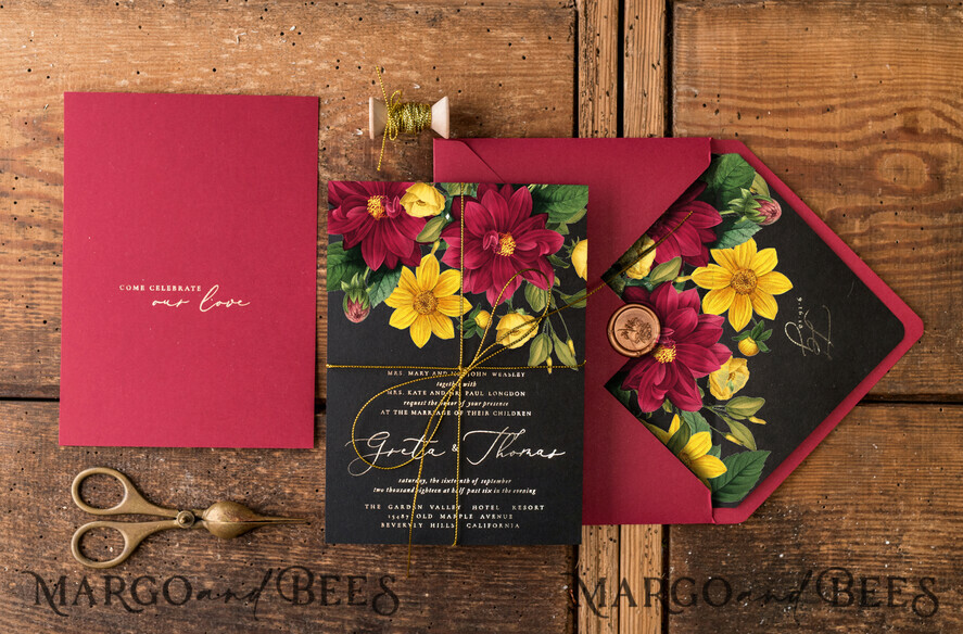 WEDDING INVITATIONS gold / rose gold / silver / glitter Luxury Indian Wedding Invitations, Romantic Dalhia Flower Wedding Cards, Elegant Burgundy Wedding Invitation Suite, Glamour Gold Foil Wedding Invites