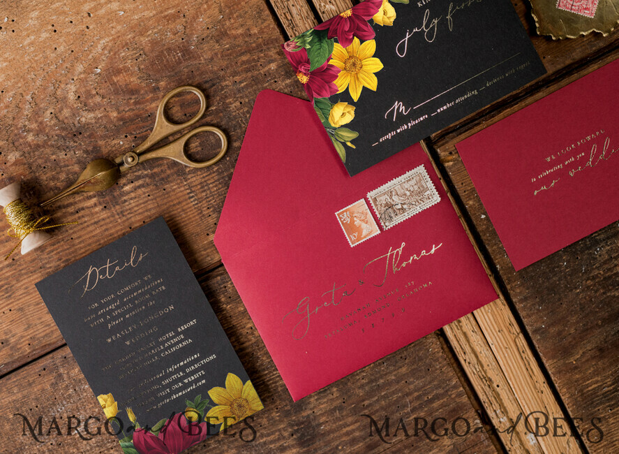 WEDDING INVITATIONS gold / rose gold / silver / glitter Luxury Indian Wedding Invitations, Romantic Dalhia Flower Wedding Cards, Elegant Burgundy Wedding Invitation Suite, Glamour Gold Foil Wedding Invites