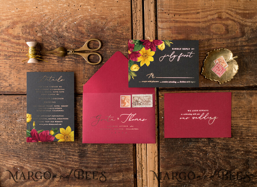 WEDDING INVITATIONS gold / rose gold / silver / glitter Luxury Indian Wedding Invitations, Romantic Dalhia Flower Wedding Cards, Elegant Burgundy Wedding Invitation Suite, Glamour Gold Foil Wedding Invites