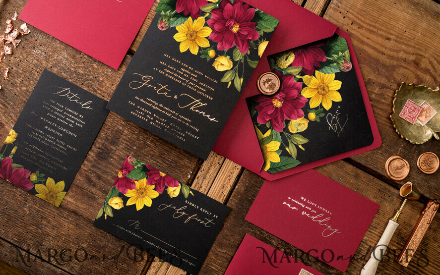 WEDDING INVITATIONS gold / rose gold / silver / glitter Luxury Indian Wedding Invitations, Romantic Dalhia Flower Wedding Cards, Elegant Burgundy Wedding Invitation Suite, Glamour Gold Foil Wedding Invites