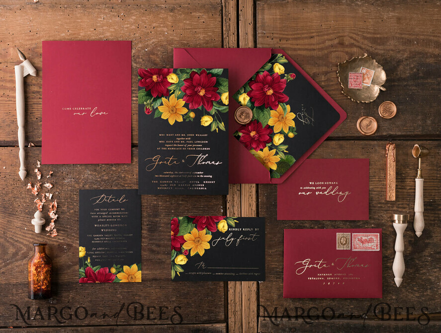WEDDING INVITATIONS gold / rose gold / silver / glitter Luxury Indian Wedding Invitations, Romantic Dalhia Flower Wedding Cards, Elegant Burgundy Wedding Invitation Suite, Glamour Gold Foil Wedding Invites