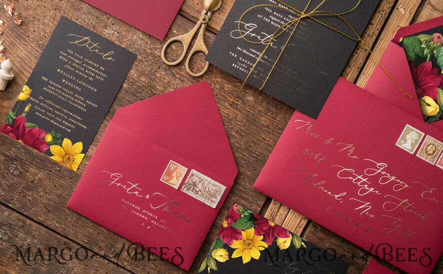 WEDDING INVITATIONS gold / rose gold / silver / glitter Luxury Indian Wedding Invitations, Romantic Dalhia Flower Wedding Cards, Elegant Burgundy Wedding Invitation Suite, Glamour Gold Foil Wedding Invites