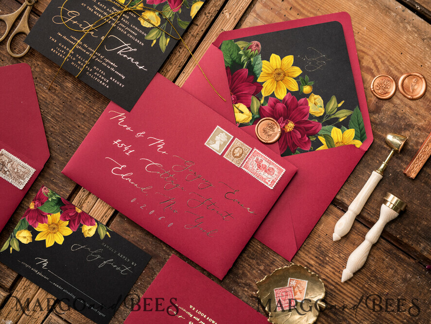 WEDDING INVITATIONS gold / rose gold / silver / glitter Luxury Indian Wedding Invitations, Romantic Dalhia Flower Wedding Cards, Elegant Burgundy Wedding Invitation Suite, Glamour Gold Foil Wedding Invites