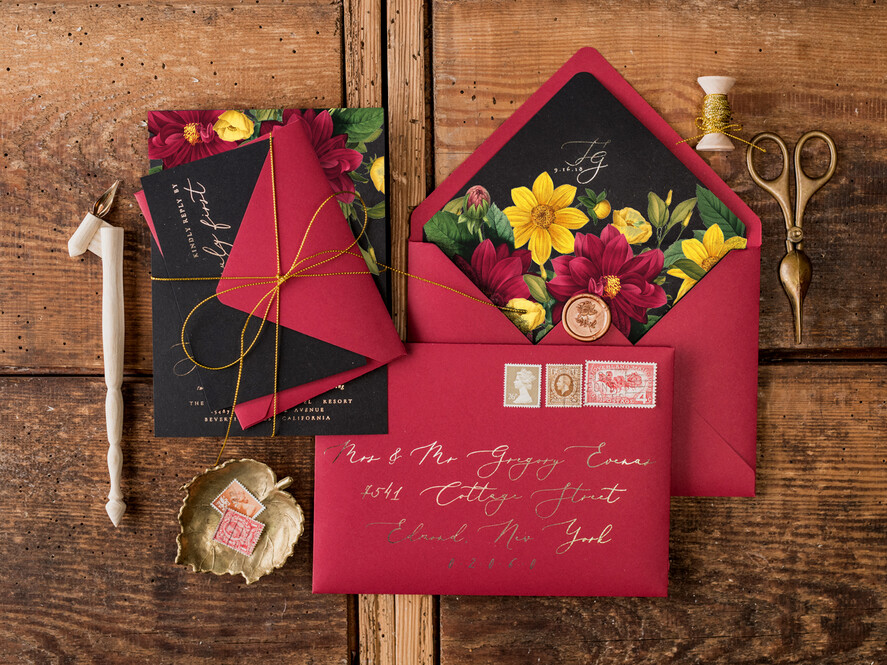 WEDDING INVITATIONS gold / rose gold / silver / glitter Luxury Indian Wedding Invitations, Romantic Dalhia Flower Wedding Cards, Elegant Burgundy Wedding Invitation Suite, Glamour Gold Foil Wedding Invites
