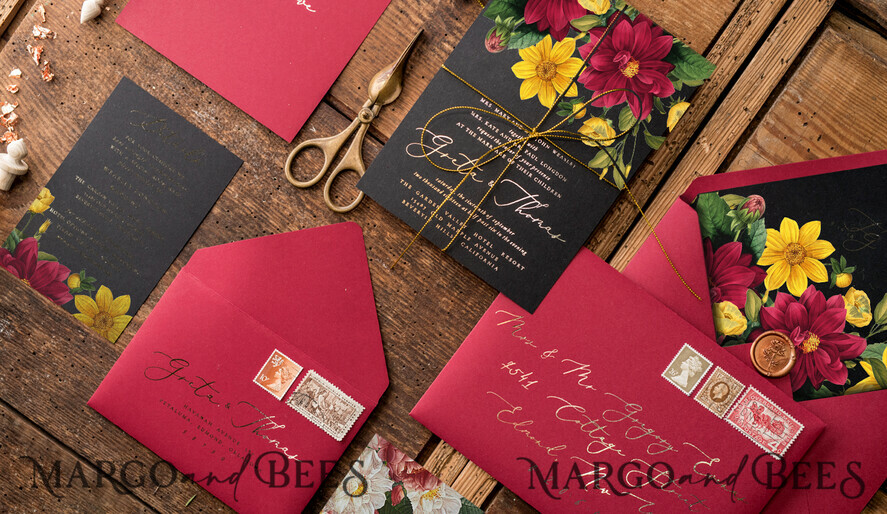 WEDDING INVITATIONS gold / rose gold / silver / glitter Luxury Indian Wedding Invitations, Romantic Dalhia Flower Wedding Cards, Elegant Burgundy Wedding Invitation Suite, Glamour Gold Foil Wedding Invites