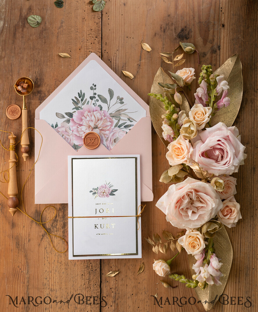 WEDDING INVITATIONS gold / rose gold / silver / glitter Gold Wedding Invitations, Gold Lettering Vinatge Peonies Wedding Stationery, Pocket Fold Pink Elegant Wedding Invitations Suite