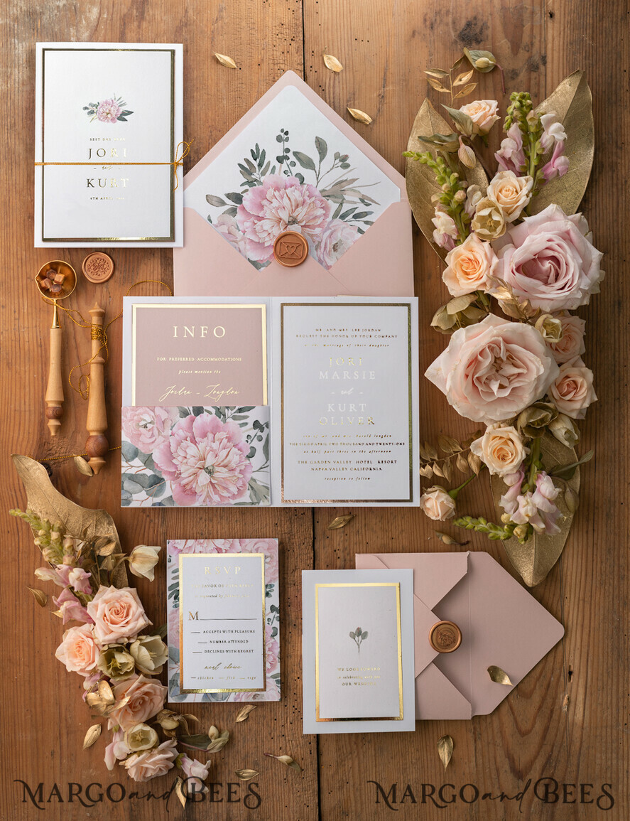 WEDDING INVITATIONS gold / rose gold / silver / glitter Gold Wedding Invitations, Gold Lettering Vinatge Peonies Wedding Stationery, Pocket Fold Pink Elegant Wedding Invitations Suite