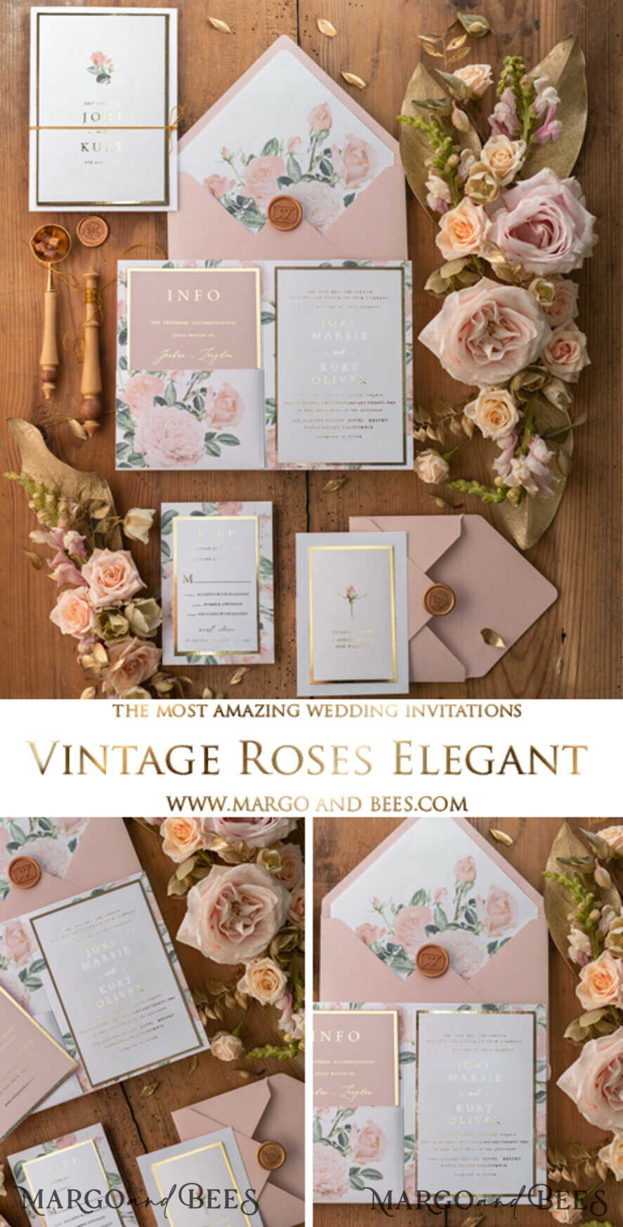 WEDDING INVITATIONS gold / rose gold / silver / glitter Gold Wedding Invitations, Gold Lettering Vinatge Peonies Wedding Stationery, Pocket Fold Pink Elegant Wedding Invitations Suite