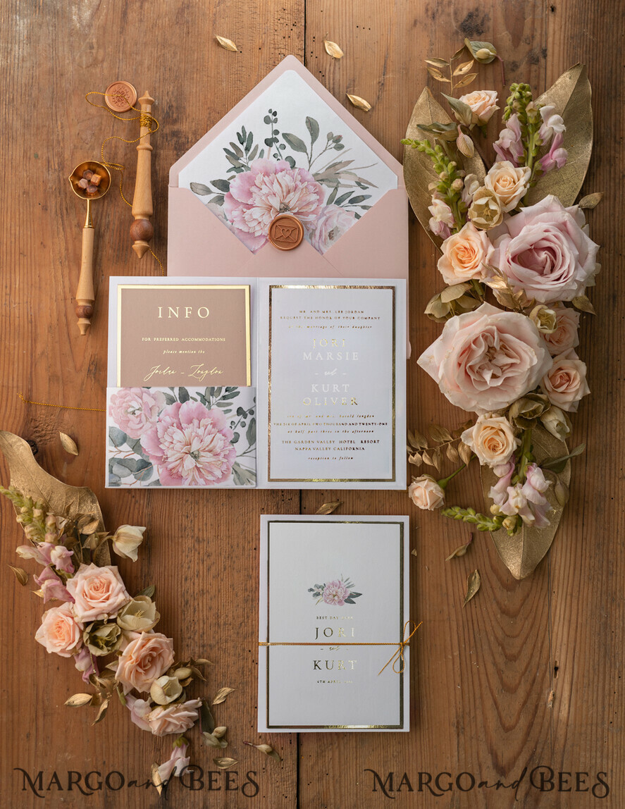 WEDDING INVITATIONS gold / rose gold / silver / glitter Gold Wedding Invitations, Gold Lettering Vinatge Peonies Wedding Stationery, Pocket Fold Pink Elegant Wedding Invitations Suite