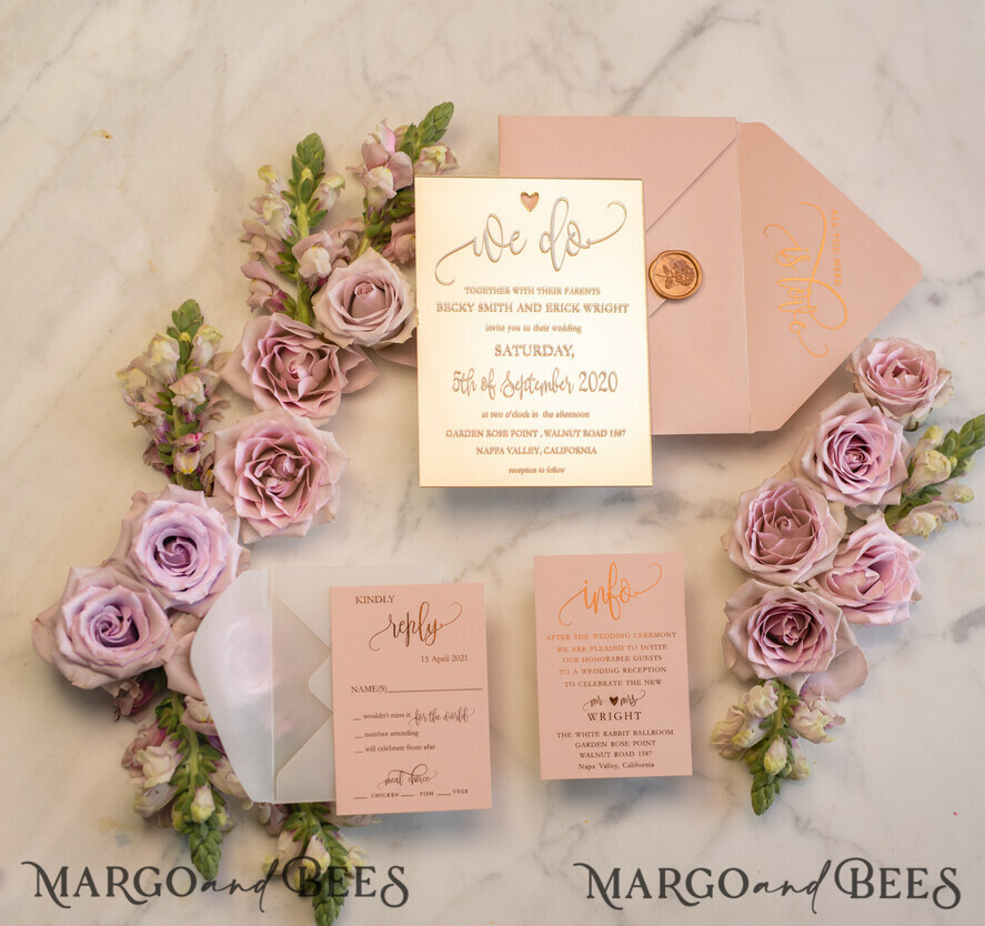WEDDING INVITATIONS gold / rose gold / silver / glitter Luxury Gold Plexi Acrylic Wedding Invitations, Elegant Blush Pink Wedding Cards, Glamour Golden Wedding Invites, Bespoke Vellum Wedding Invitation Suite