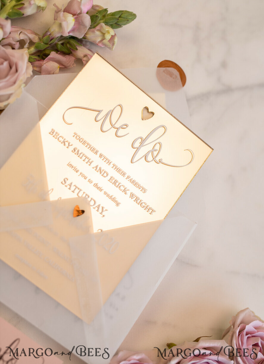 WEDDING INVITATIONS gold / rose gold / silver / glitter Luxury Gold Plexi Acrylic Wedding Invitations, Elegant Blush Pink Wedding Cards, Glamour Golden Wedding Invites, Bespoke Vellum Wedding Invitation Suite