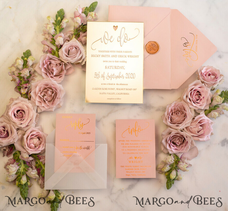WEDDING INVITATIONS gold / rose gold / silver / glitter Luxury Gold Plexi Acrylic Wedding Invitations, Elegant Blush Pink Wedding Cards, Glamour Golden Wedding Invites, Bespoke Vellum Wedding Invitation Suite