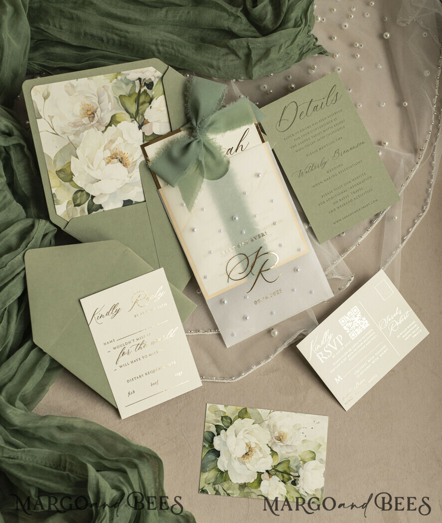 WEDDING INVITATIONS gold / rose gold / silver / glitter Sag Green Chiffon bow beaded bespoke Elegant Greenery Gold Wedding Invitation Suite, White Perls Golden Wedding Cards, Boho golden folder Wedding Stationery, Vellum etui with monogram